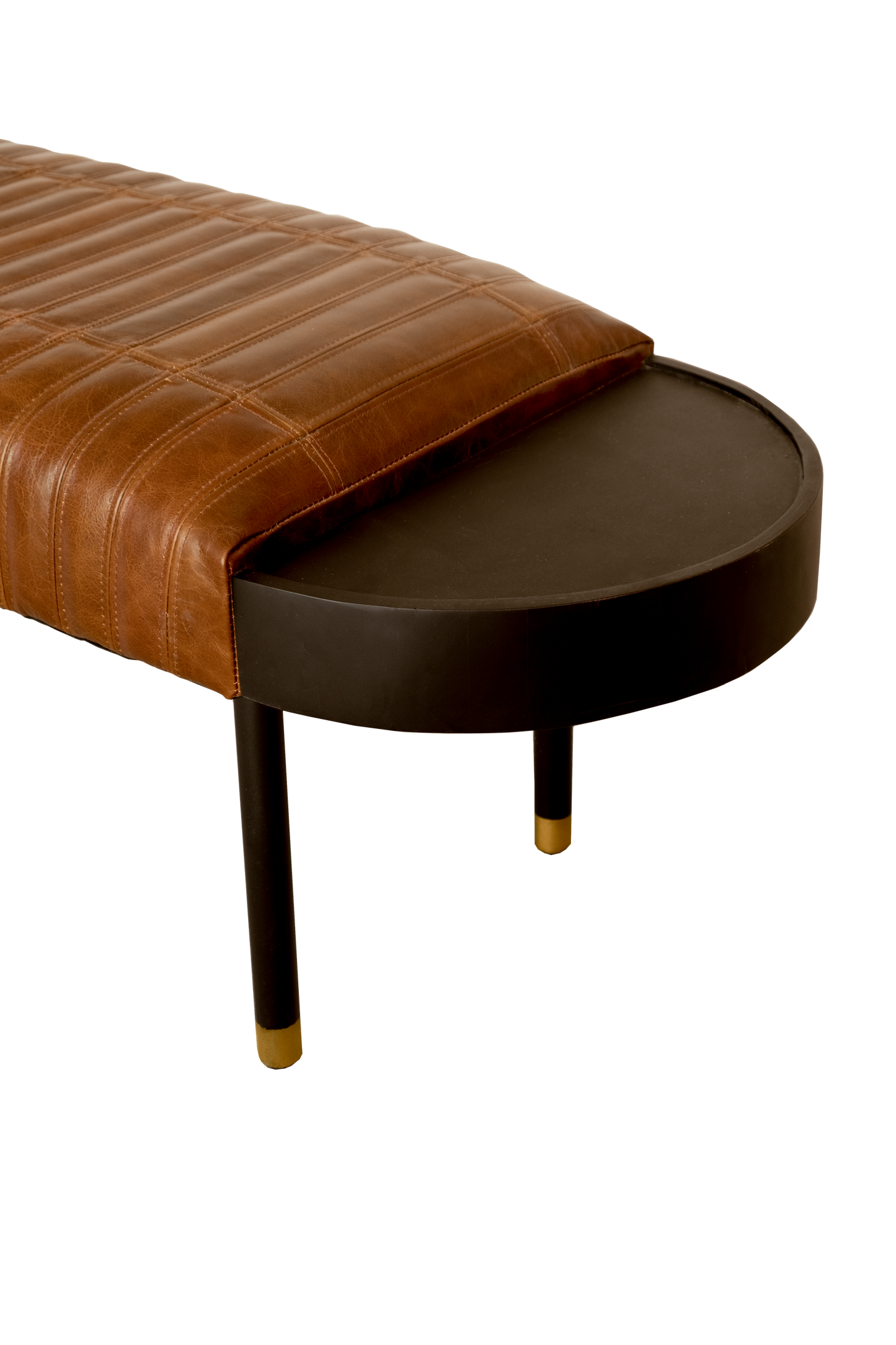 Warm Brown Leather And Solid Wood Bench