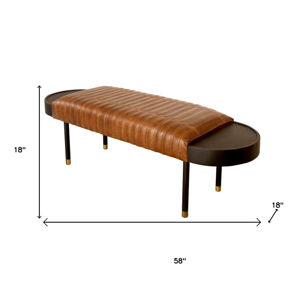 58" Brown And Black Genuine Leather And Solid Wood Upholstered Bench