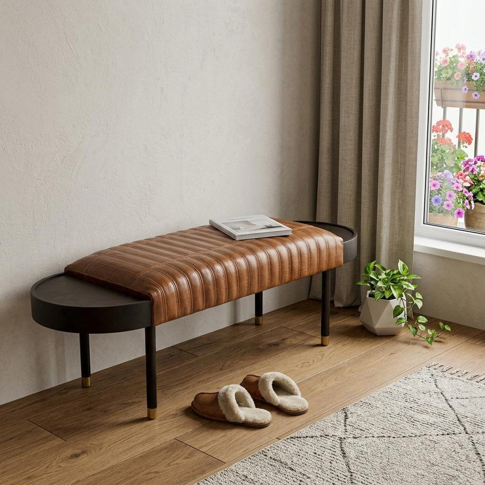 58" Brown And Black Genuine Leather And Solid Wood Upholstered Bench