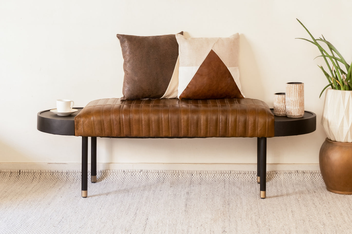 Warm Brown Leather And Solid Wood Bench