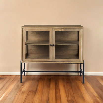 36" Natural Solid Wood Sideboard with Two Glass Doors