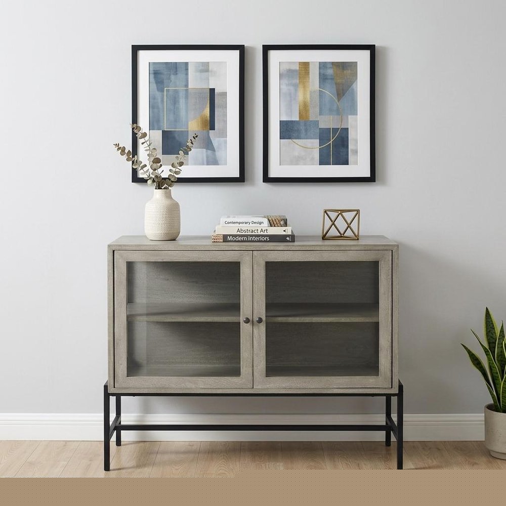 38" Gray Solid Wood Sideboard with Two Glass Doors