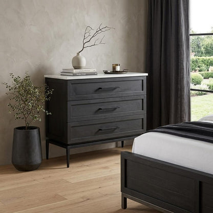 36" Black And White Solid Wood And Marble Three Drawer Dresser