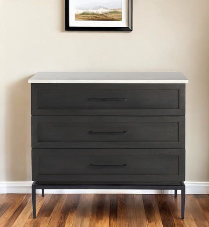 36" Black And White Solid Wood And Marble Three Drawer Dresser