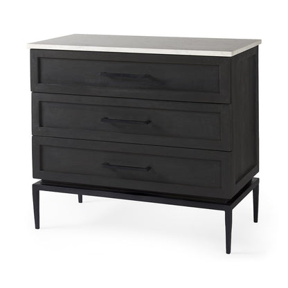 36" Black And White Solid Wood And Marble Three Drawer Dresser