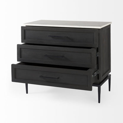 36" Black And White Solid Wood And Marble Three Drawer Dresser