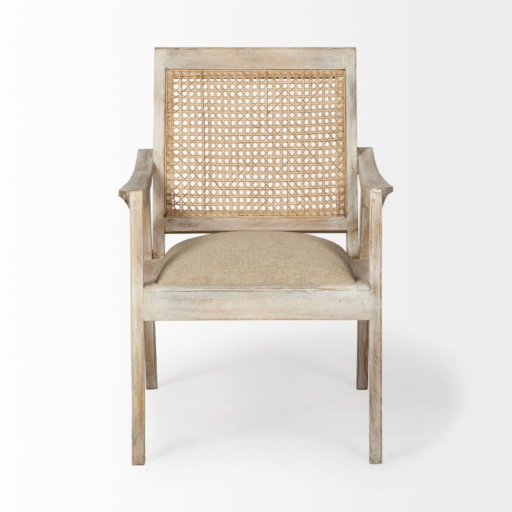 28" Cream and Natural Fabric Distressed Arm Chair