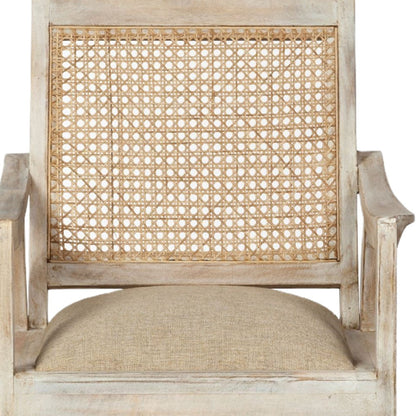 28" Cream And Natural Fabric Distressed Arm Chair