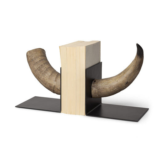 Set of Two 6" Brown and Black Ceramic Horn Decorative Bookends