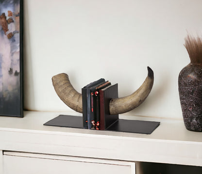 Set of Two 6" Brown and Black Ceramic Horn Decorative Bookends