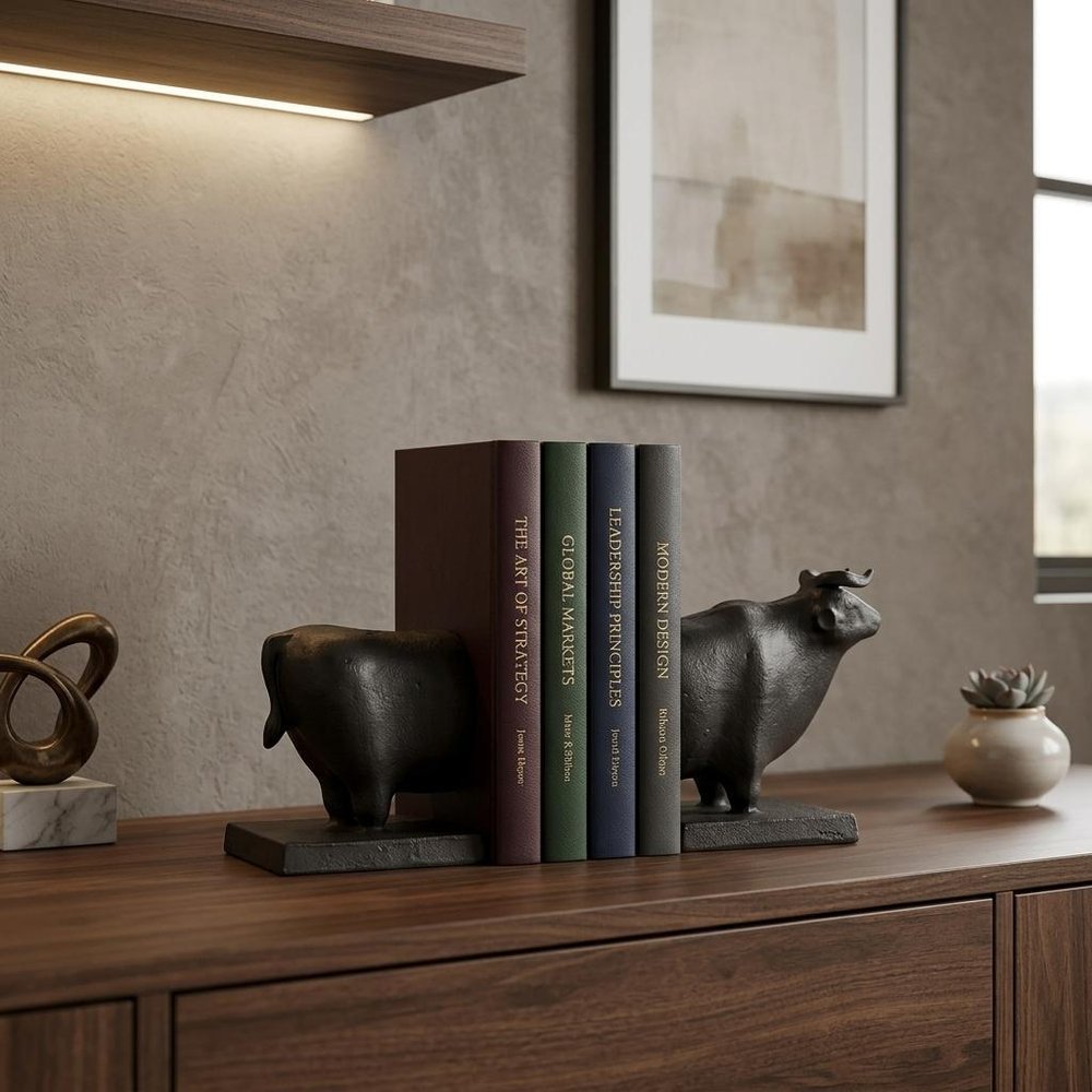Set of Two 7" Black Fabric Bull Decorative Bookends