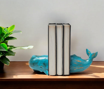 Set of Two Aqua Resin Whale Decorative Bookends