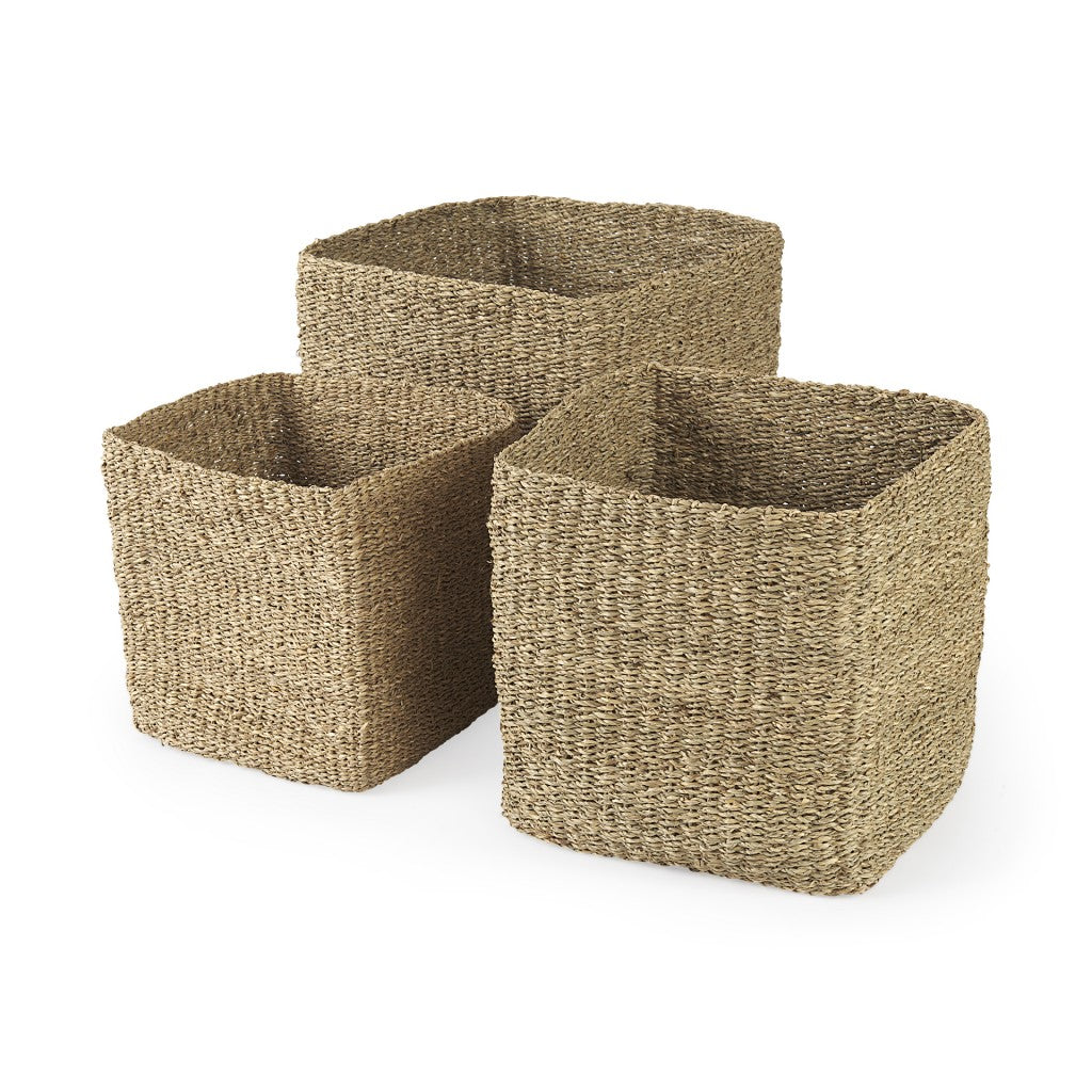 Set of Three 16" Brown Square Wicker Basket