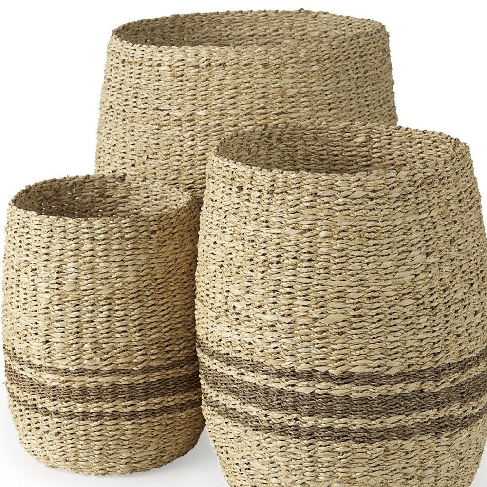 Set of Three Natural And Brown Wicker Basket