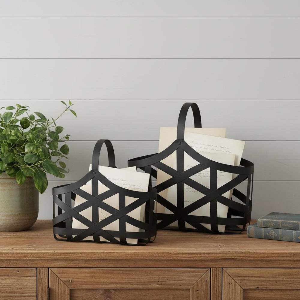 Set Of Two Black Geometric Metal Baskets