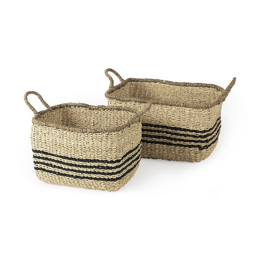 Set of Two Natural And Black Striped Seagrass Rattan Baskets