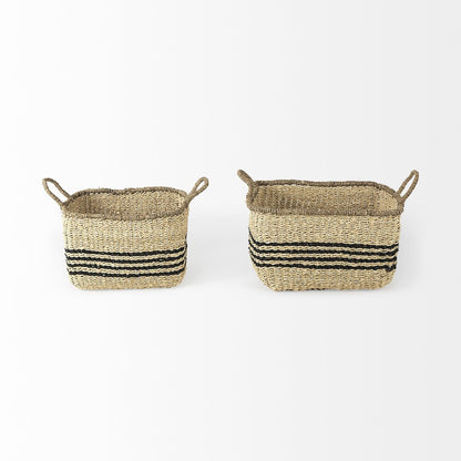 Set of Two Natural And Black Striped Seagrass Rattan Baskets