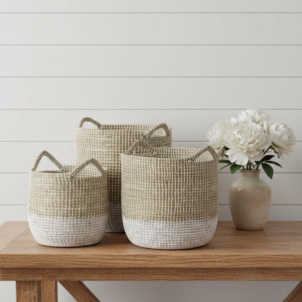 Set of Three Beige And White Wicker Desk Organizer
