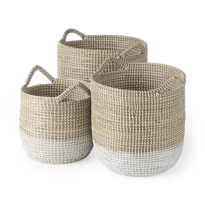Set of Three Beige And White Wicker Desk Organizer