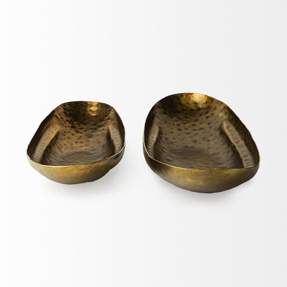 Set of Two Gold Hammered Metal Boat Shaped Decorative Bowls
