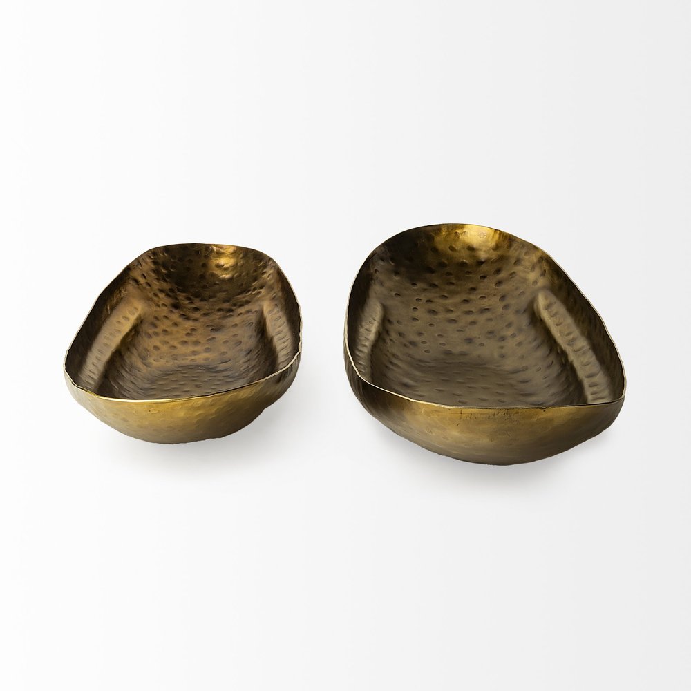 Set of Two Gold Hammered Metal Boat Shaped Decorative Bowls