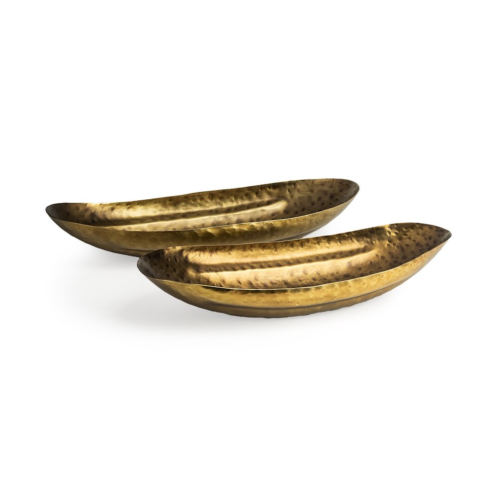 Set of Two Gold Hammered Metal Boat Shaped Decorative Bowls
