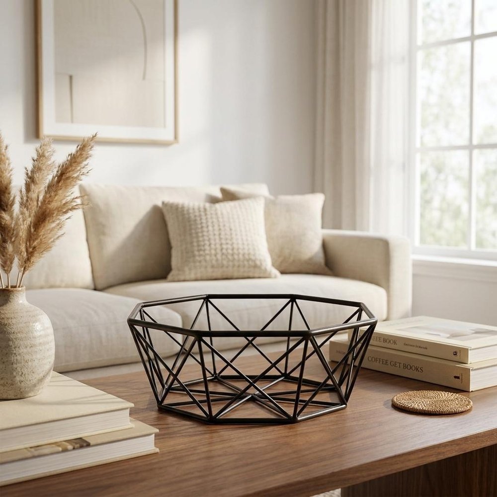 17" Black Metal Geometric Decorative Bowl