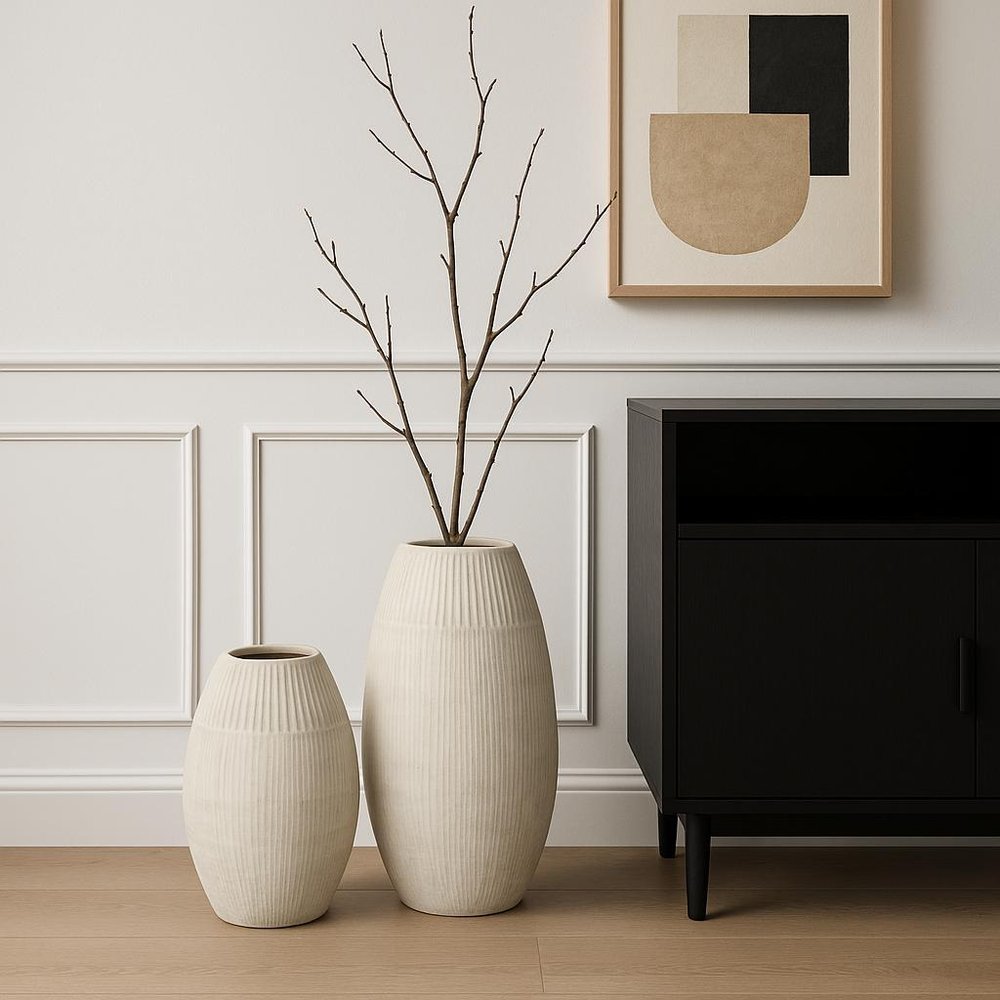 21" White Striped Ceramic Cylinder Floor Vase