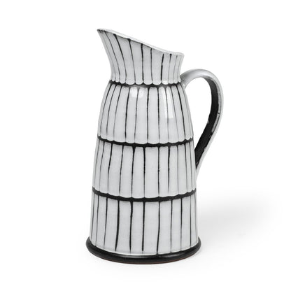 13" Black And White Ceramic Cylinder Jug Vase With Sculptural Details
