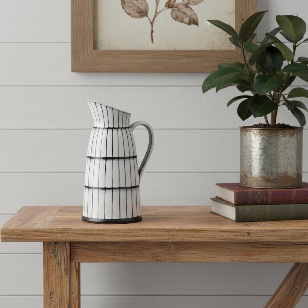 13" Black And White Ceramic Cylinder Jug Vase With Sculptural Details