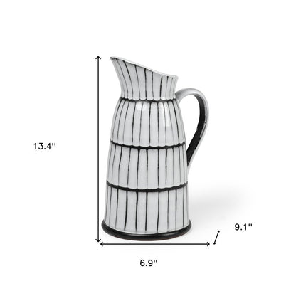 13" Black And White Ceramic Cylinder Jug Vase With Sculptural Details