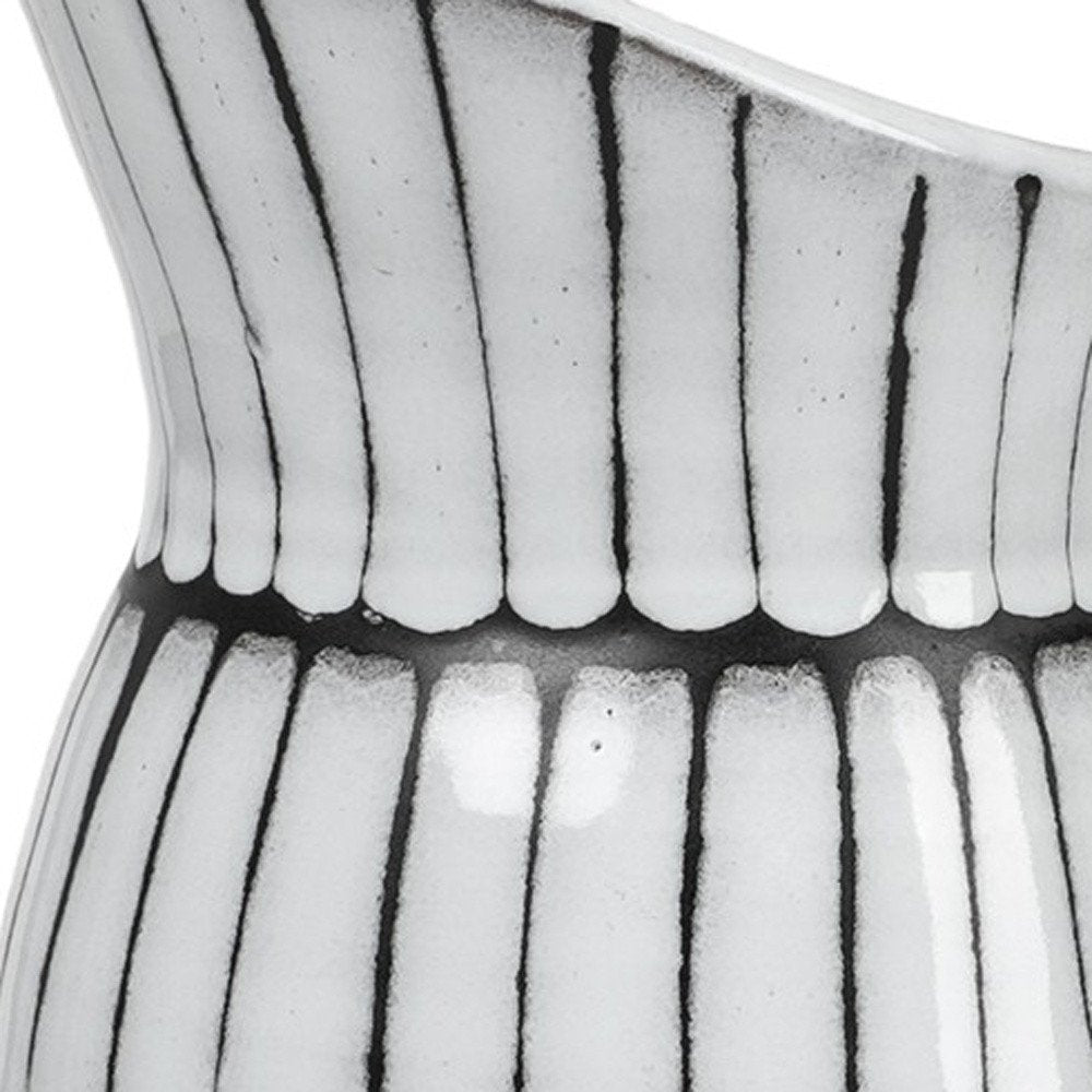 13" Black And White Ceramic Cylinder Jug Vase With Sculptural Details