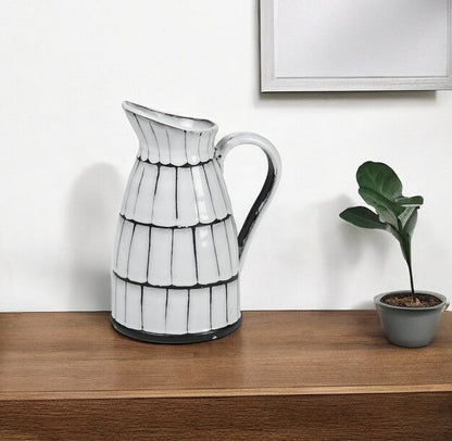 13" Black And White Ceramic Cylinder Jug Vase With Sculptural Details