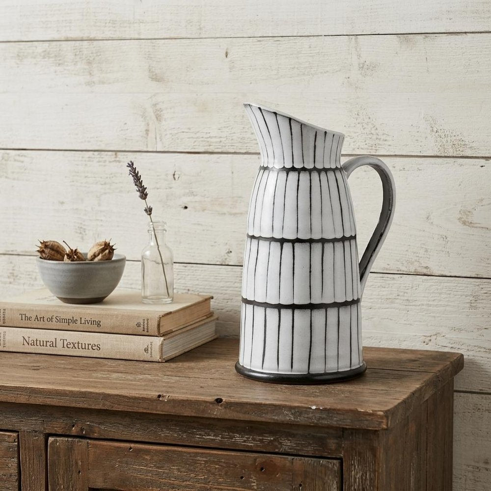13" Black And White Ceramic Cylinder Jug Vase With Sculptural Details