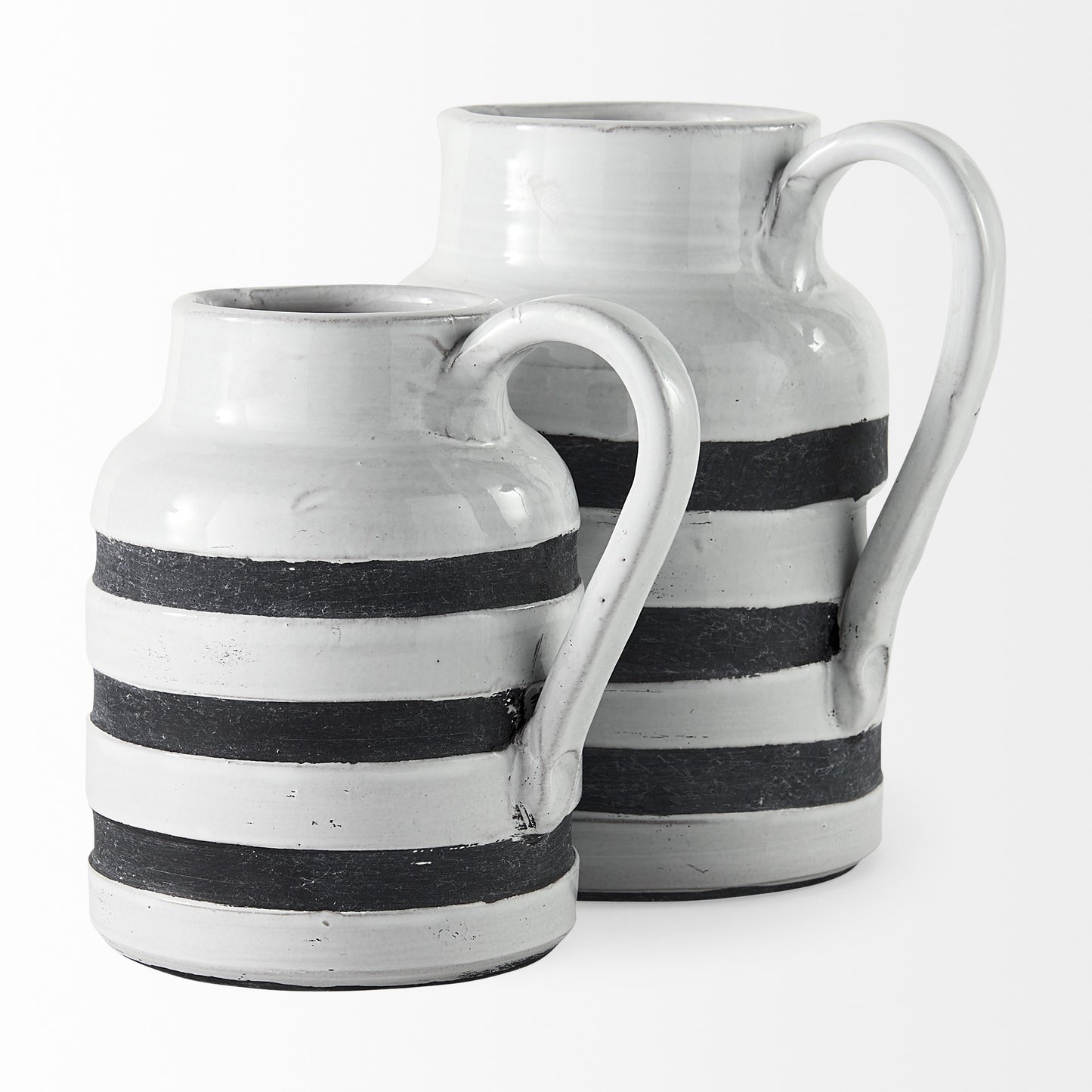 9" Rustic White And Blue Stripe Ceramic Jug