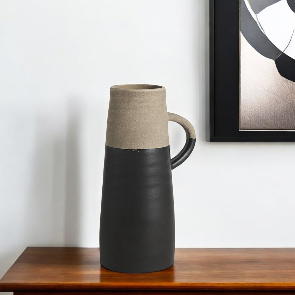 10" Black And Natural Color Block Cylinder Ceramic Jug Vase