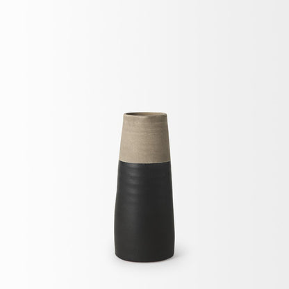 10" Black And Natural Color Block Cylinder Ceramic Jug Vase