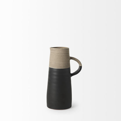 10" Black And Natural Color Block Cylinder Ceramic Jug Vase