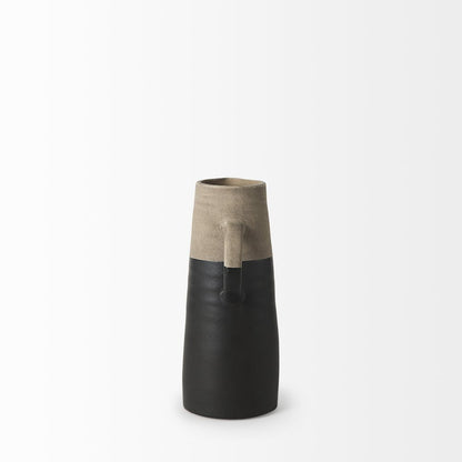 10" Black And Natural Color Block Cylinder Ceramic Jug Vase