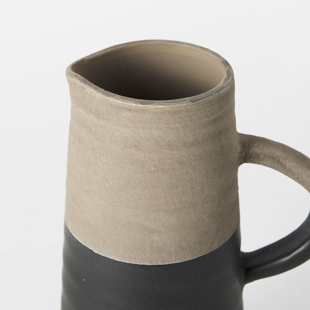 10" Black And Natural Color Block Cylinder Ceramic Jug Vase