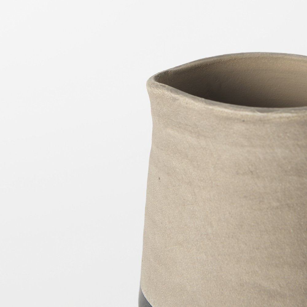 10" Black And Natural Color Block Cylinder Ceramic Jug Vase
