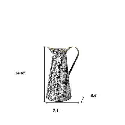 14" Black And White Abstract Cylinder Metal Jug Vase