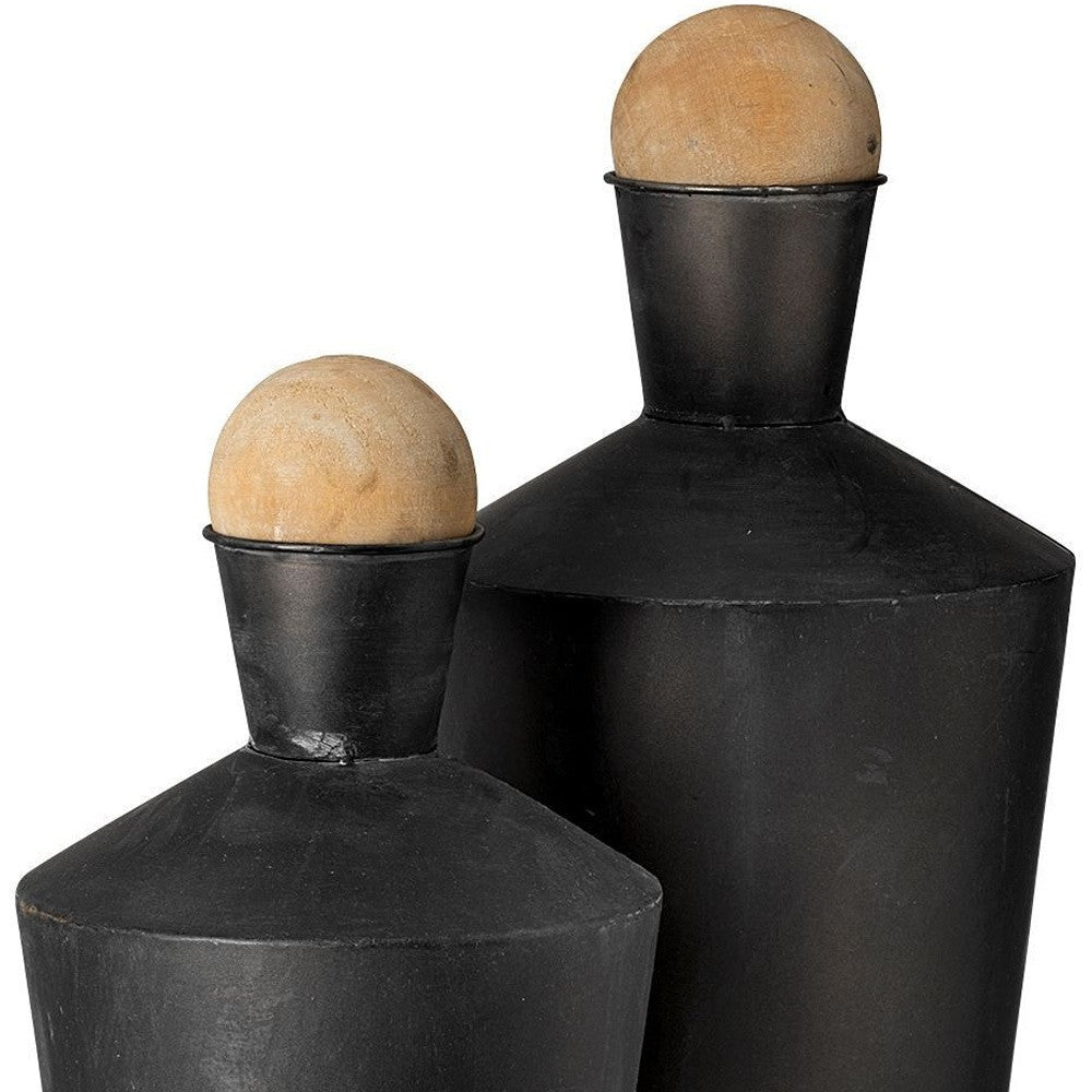 Set of Two Black and Brown Metal Cylindrical Urns