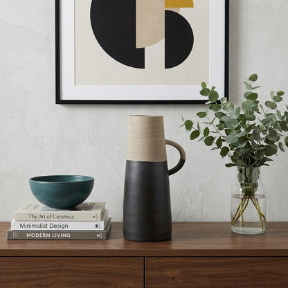 14" Black and Natural Ceramic Decorative Jug