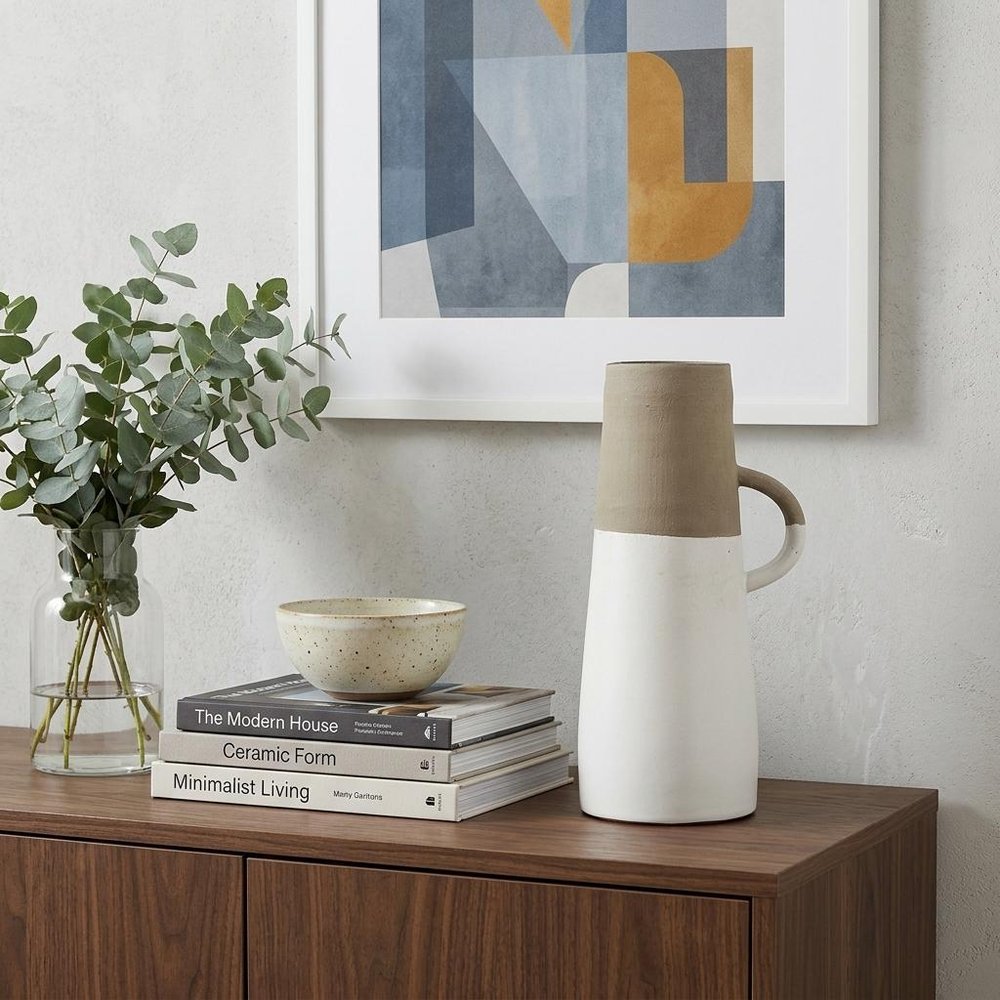14" White and Natural Ceramic Decorative Jug