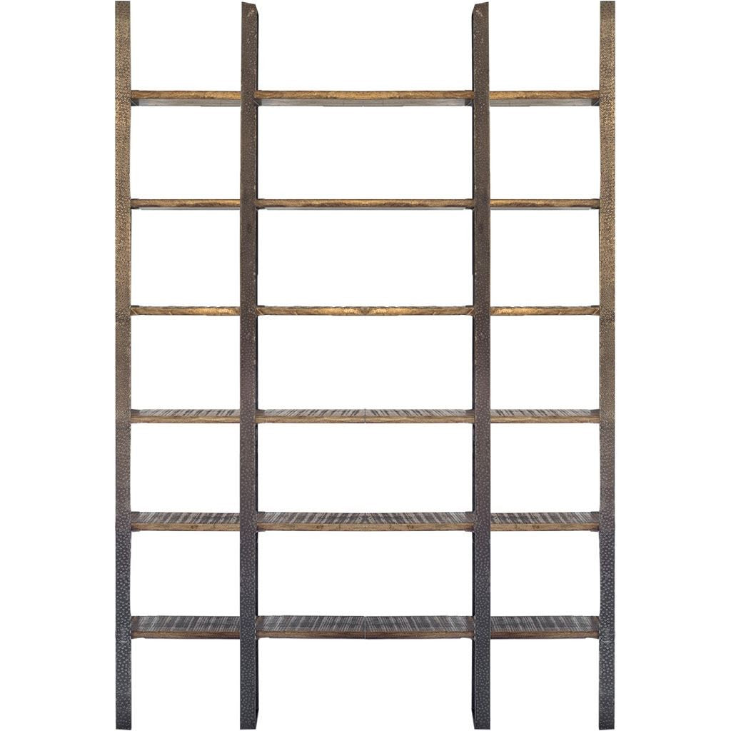 90" Brown Distressed Iron and Solid Wood Six Tier Bookcase