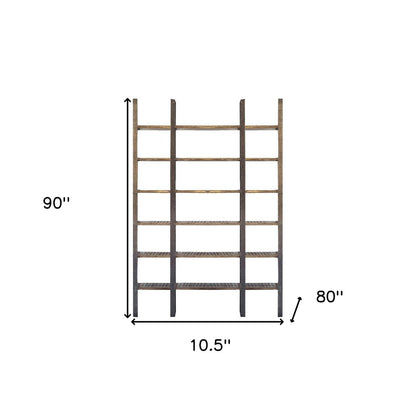 Brown Iron and Solid Wood Six Tier Bookcase