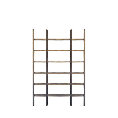 Brown Iron and Solid Wood Six Tier Bookcase