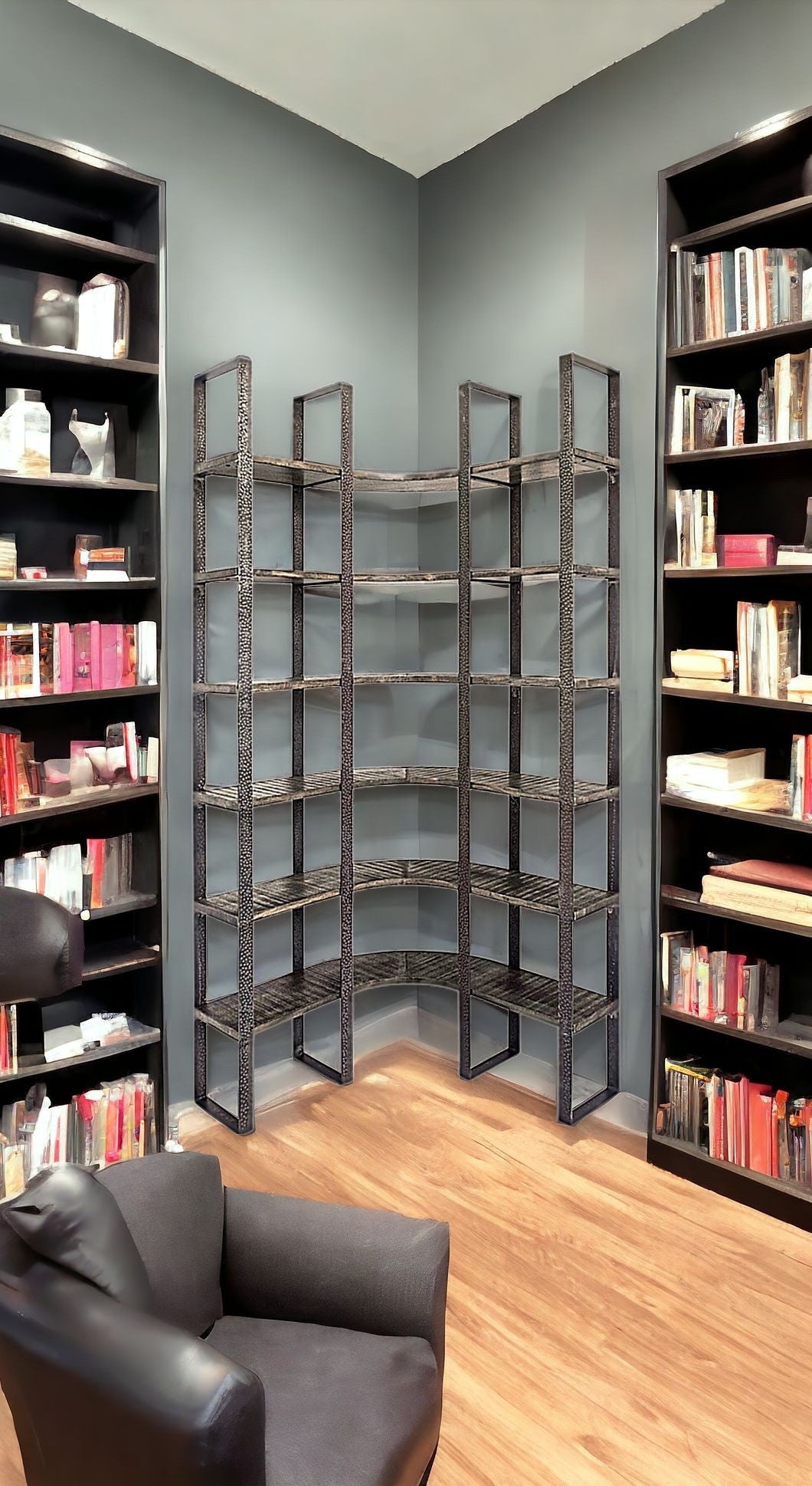 90" Black Iron Frame Curved Wooden Six Tier Shelving