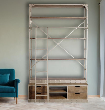 Brown Nickel and Solid Wood Six Tier Bookcase with Four Drawers